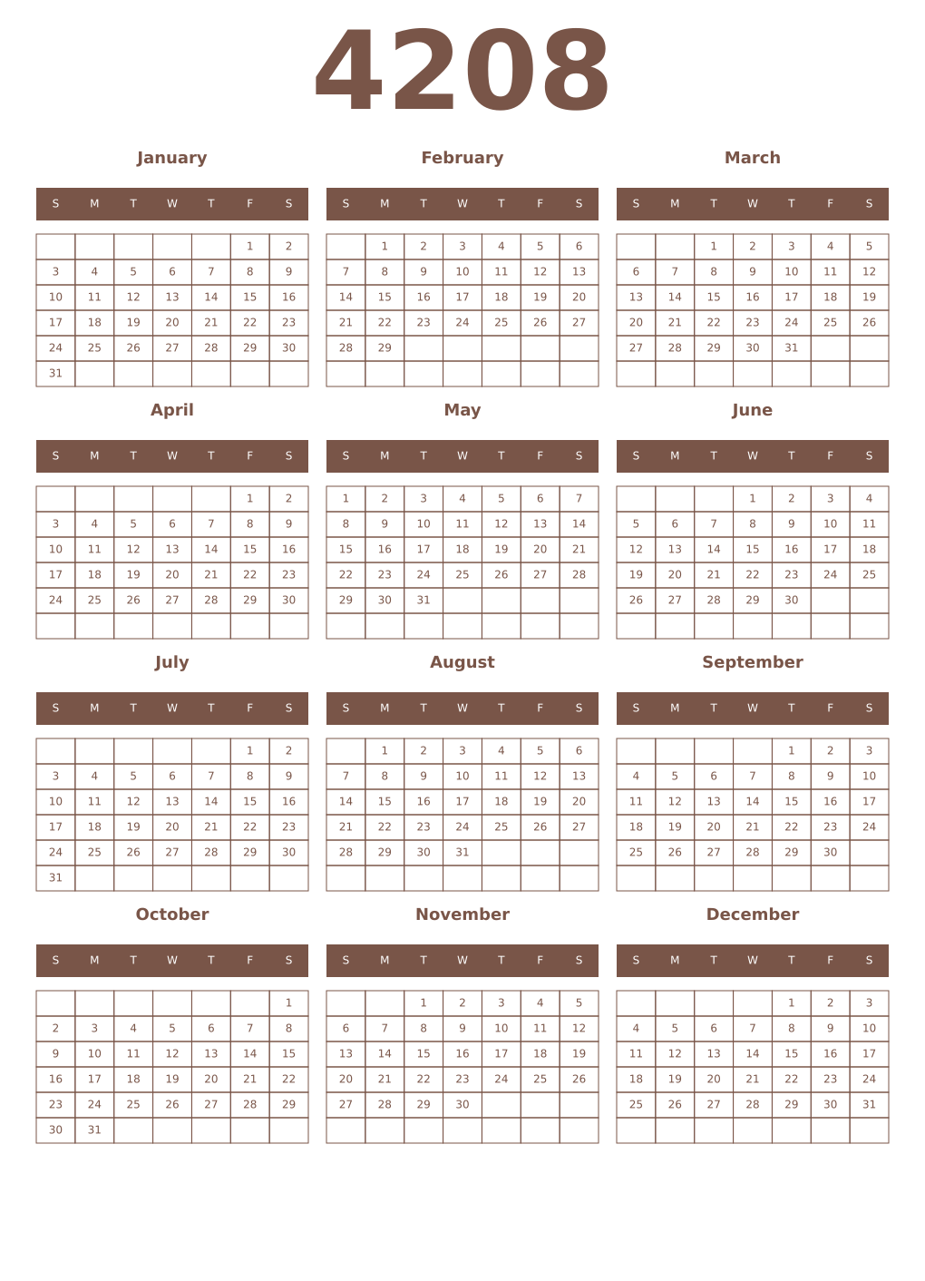 Printable 4208 Year Calendars coffe