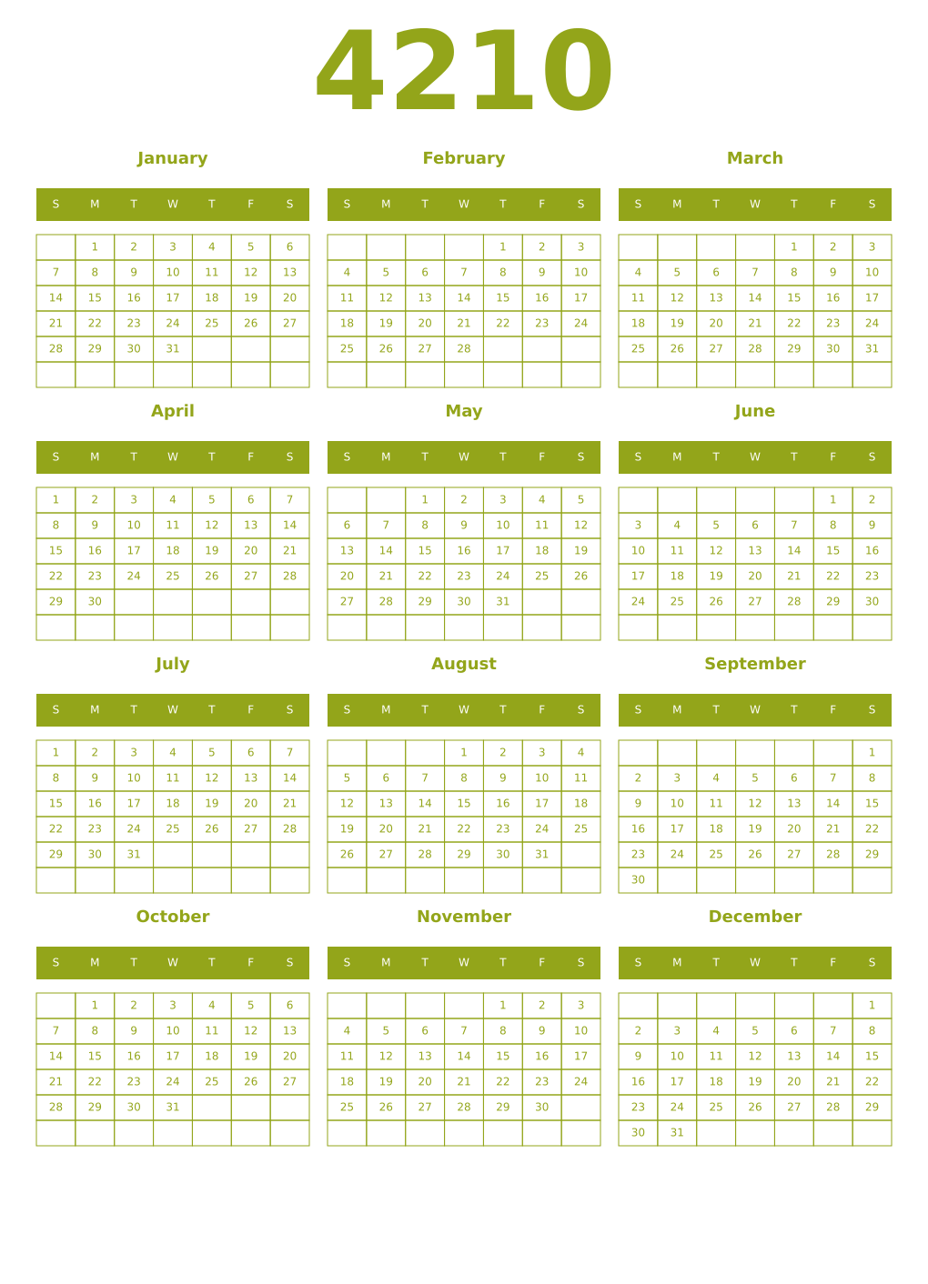Printable 4210 Year Calendars chartreuse