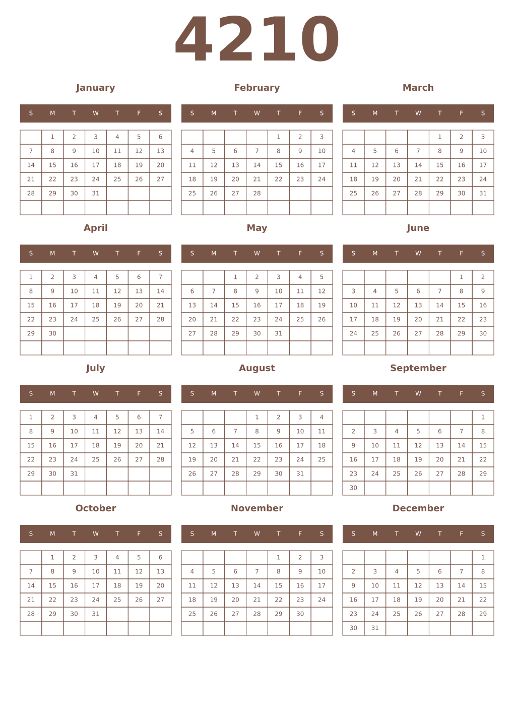 Printable 4210 Year Calendars coffe