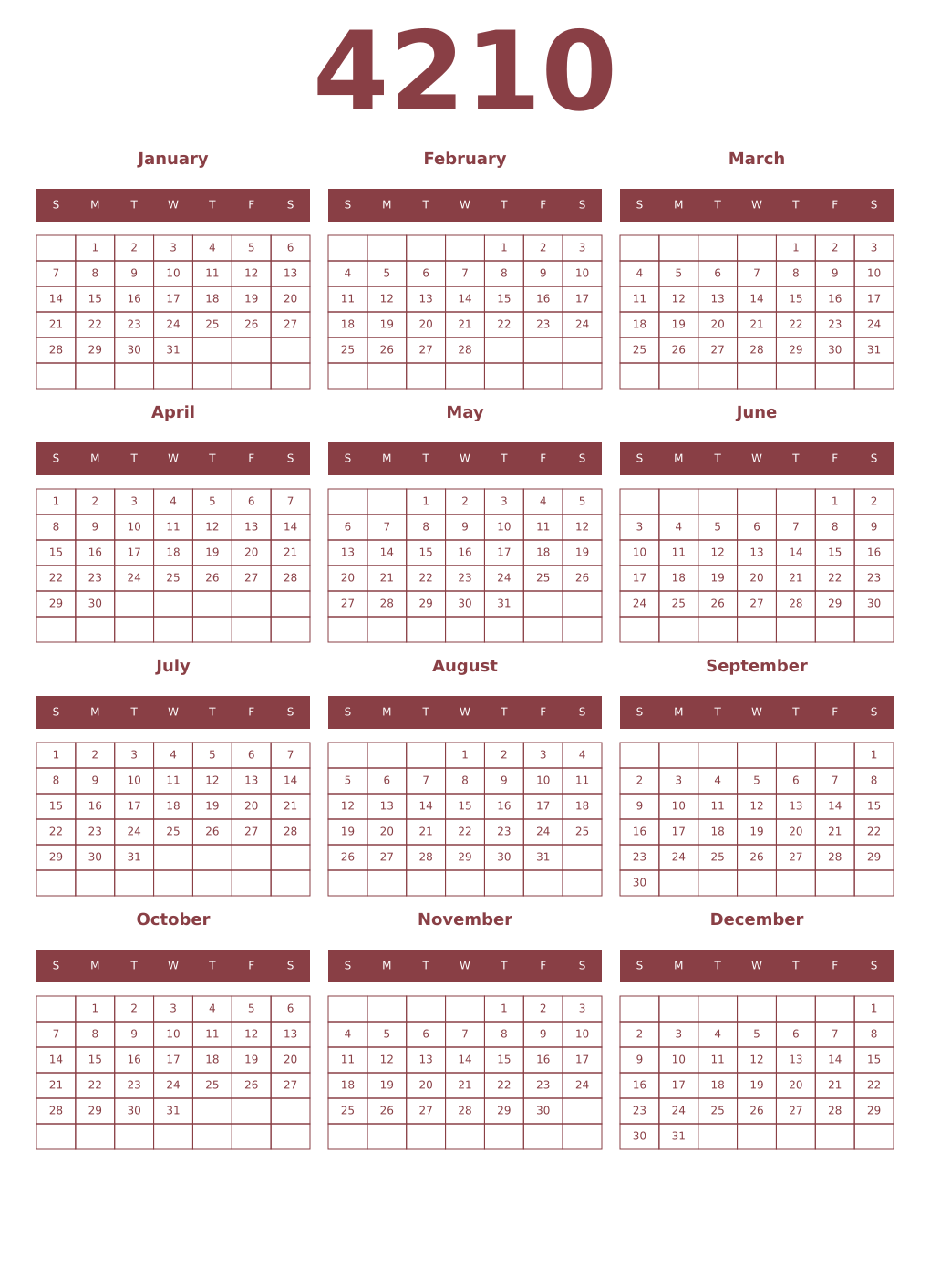 Printable 4210 Year Calendars cordovan