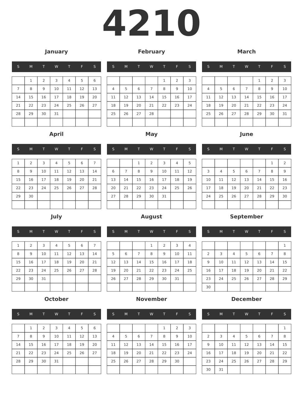 Printable 4210 Year Calendars dark