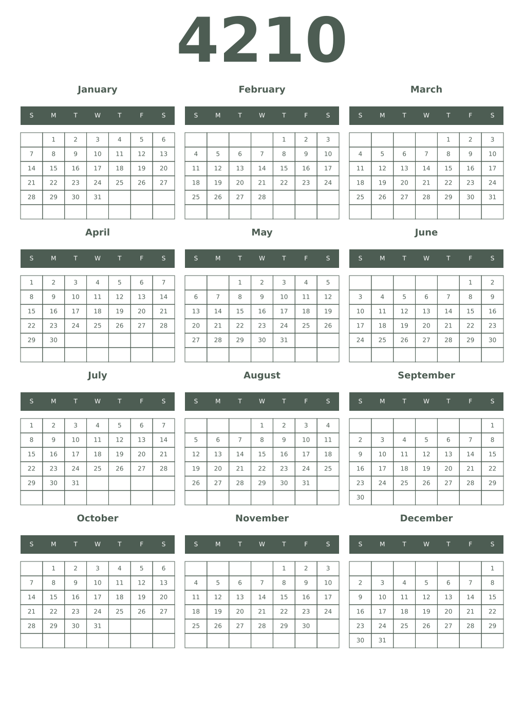 Printable 4210 Year Calendars feldgrau