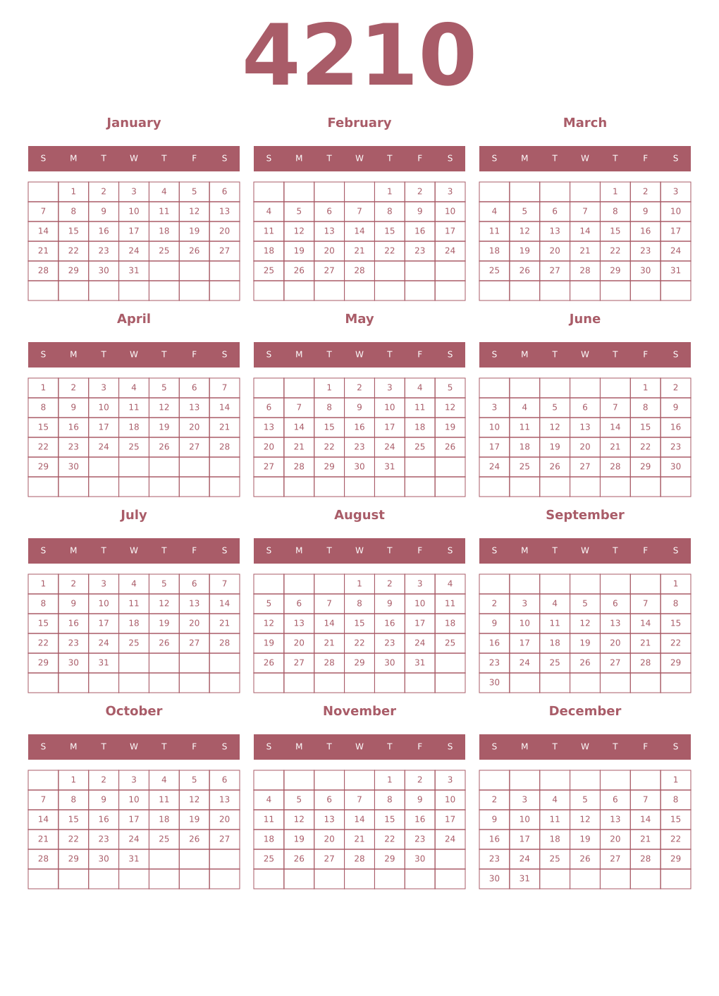 Printable 4210 Year Calendars puce
