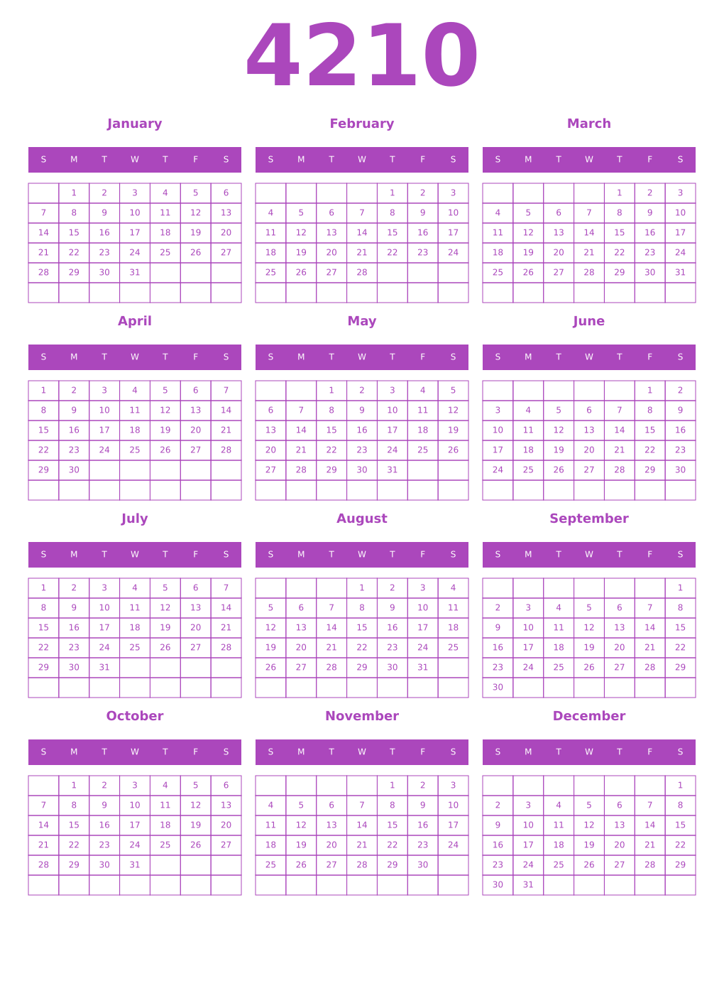 Printable 4210 Year Calendars purple