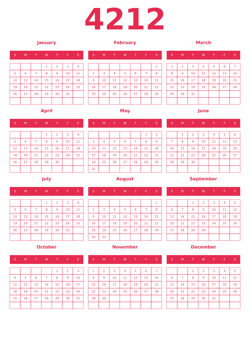 Printable 4212 Year Calendars amaranth