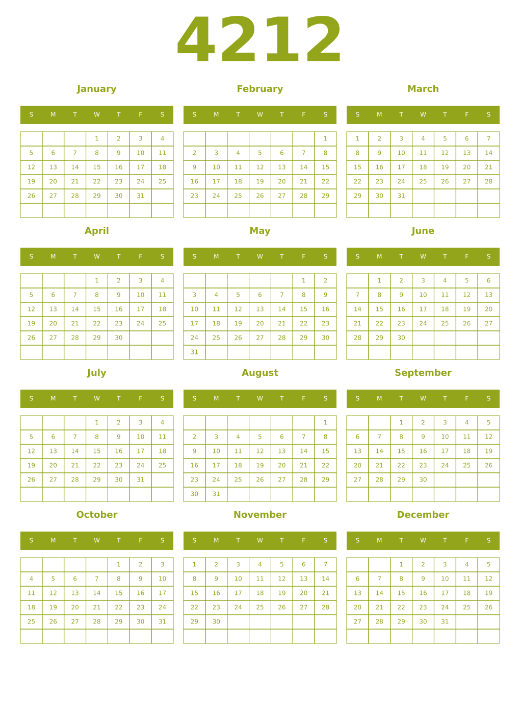 Printable 4212 Year Calendars chartreuse