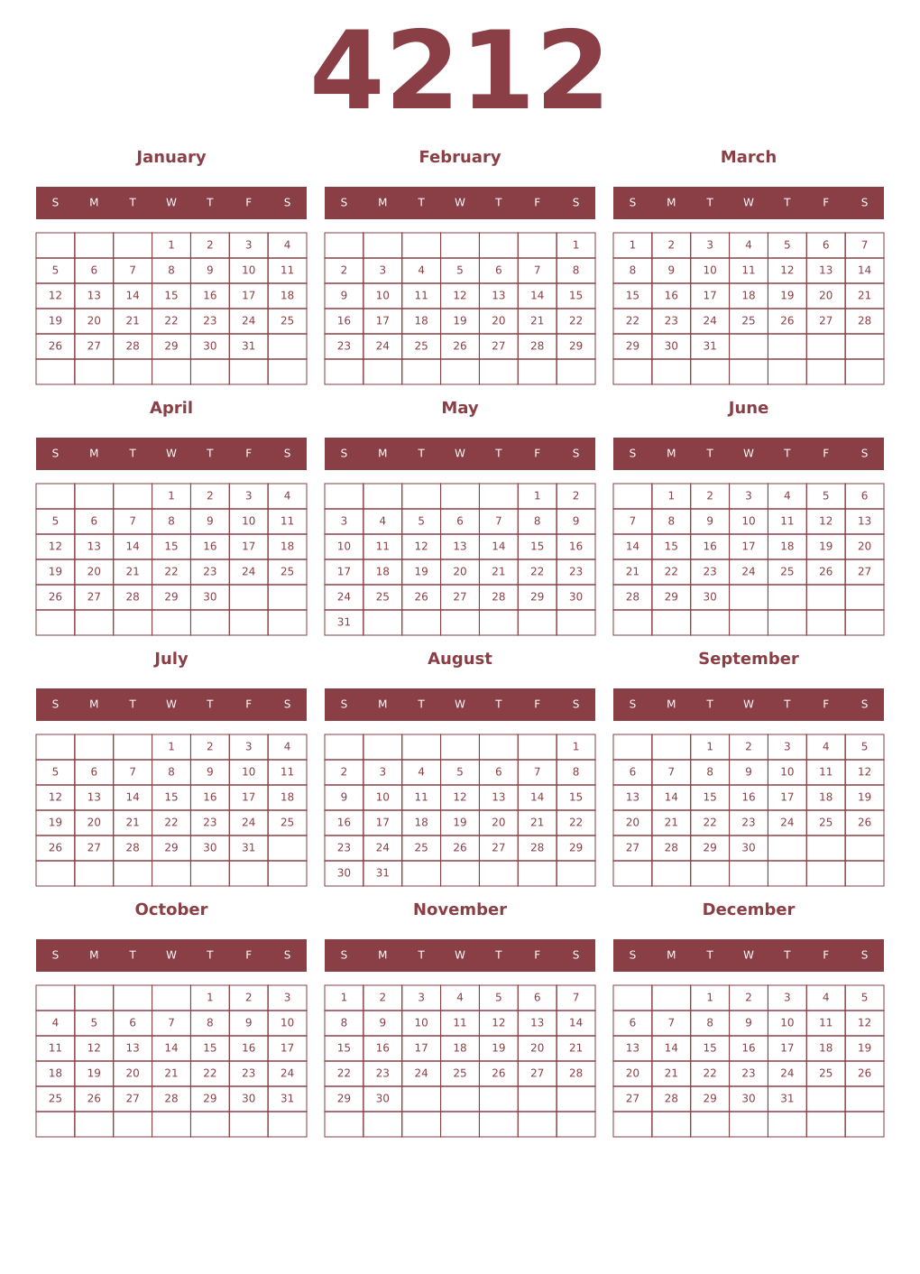 Printable 4212 Year Calendars cordovan