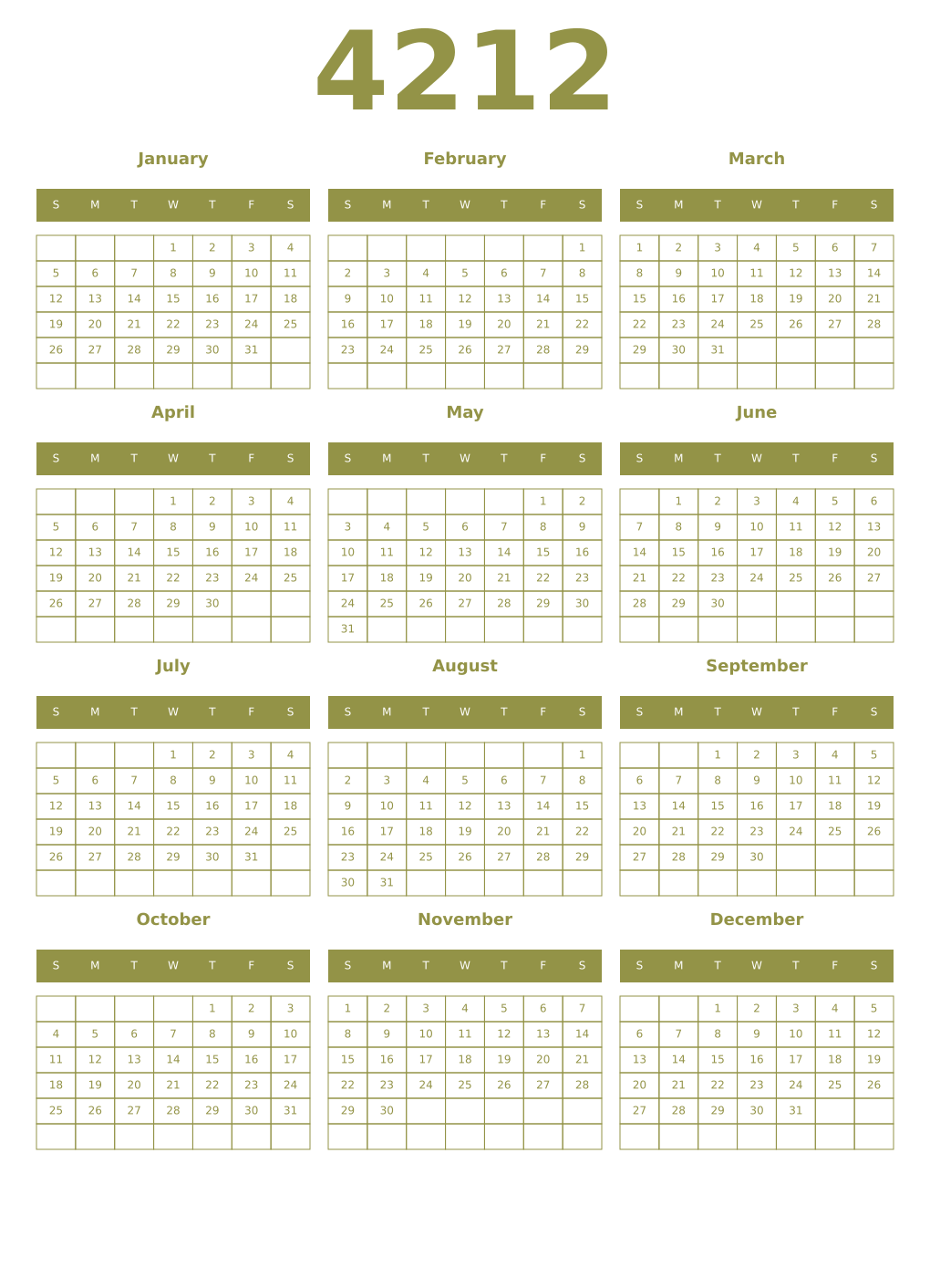 Printable 4212 Year Calendars eburnean