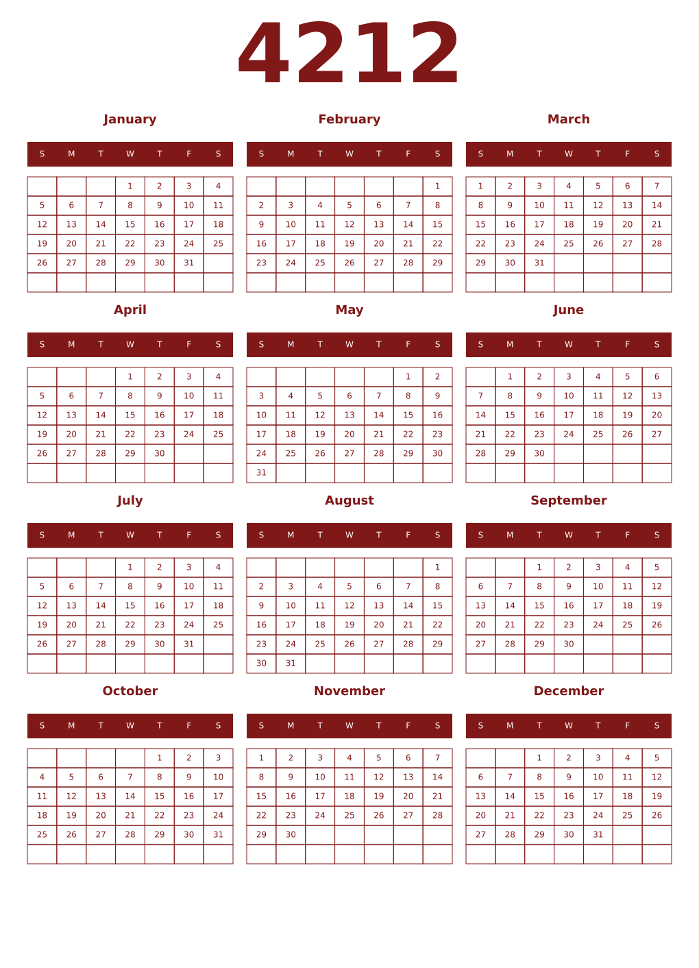 Printable 4212 Year Calendars falu