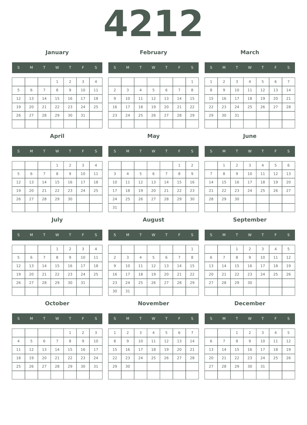 Printable 4212 Year Calendars feldgrau