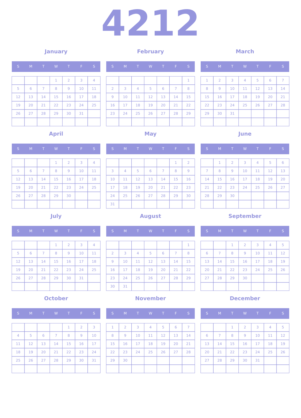 Printable 4212 Year Calendars periwinkle