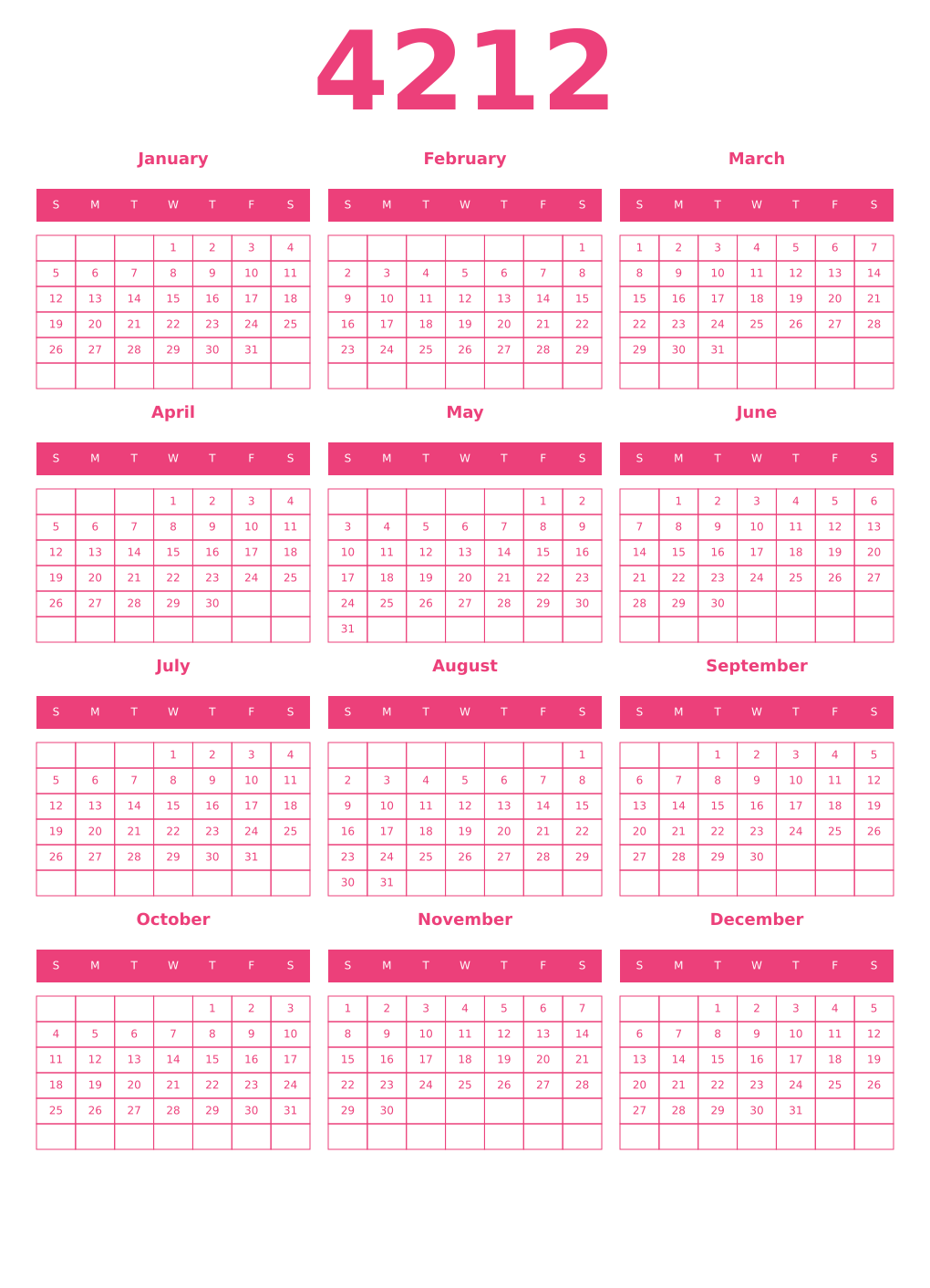 Printable 4212 Year Calendars pink