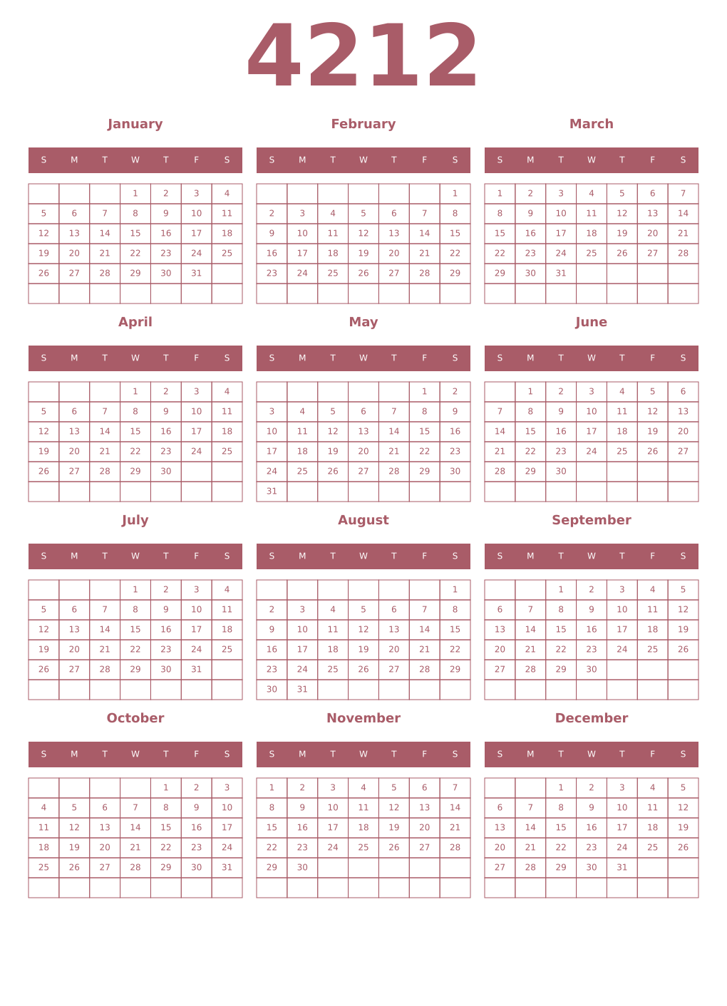 Printable 4212 Year Calendars puce