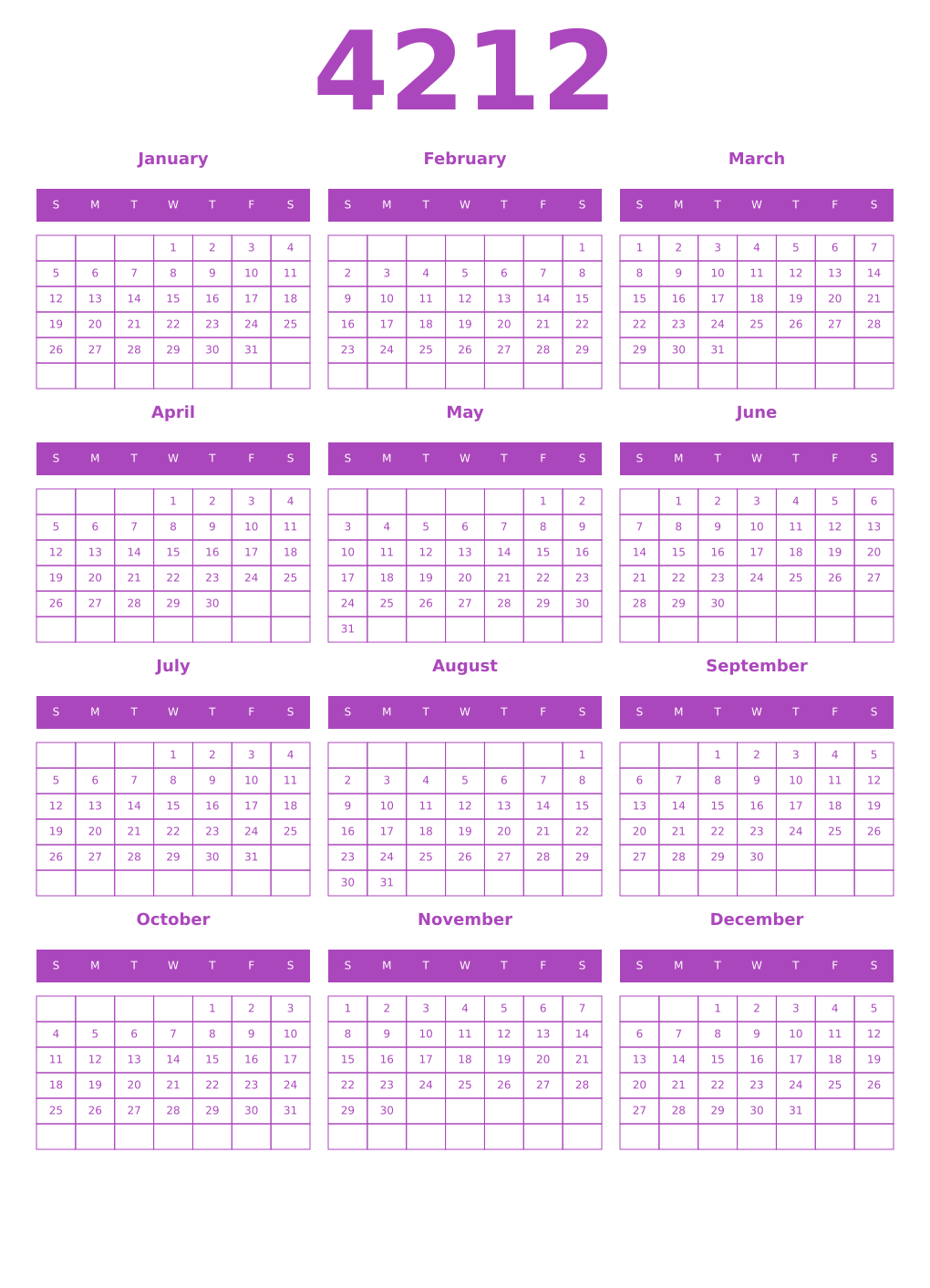 Printable 4212 Year Calendars purple