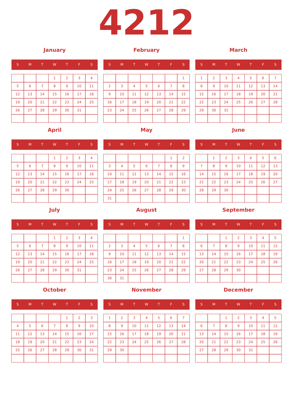 Printable 4212 Year Calendars red