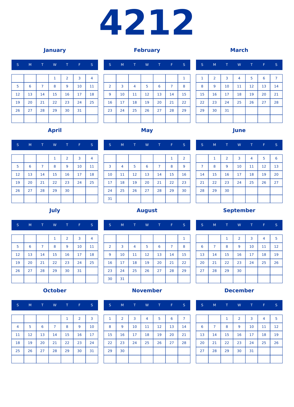 Printable 4212 Year Calendars smalt