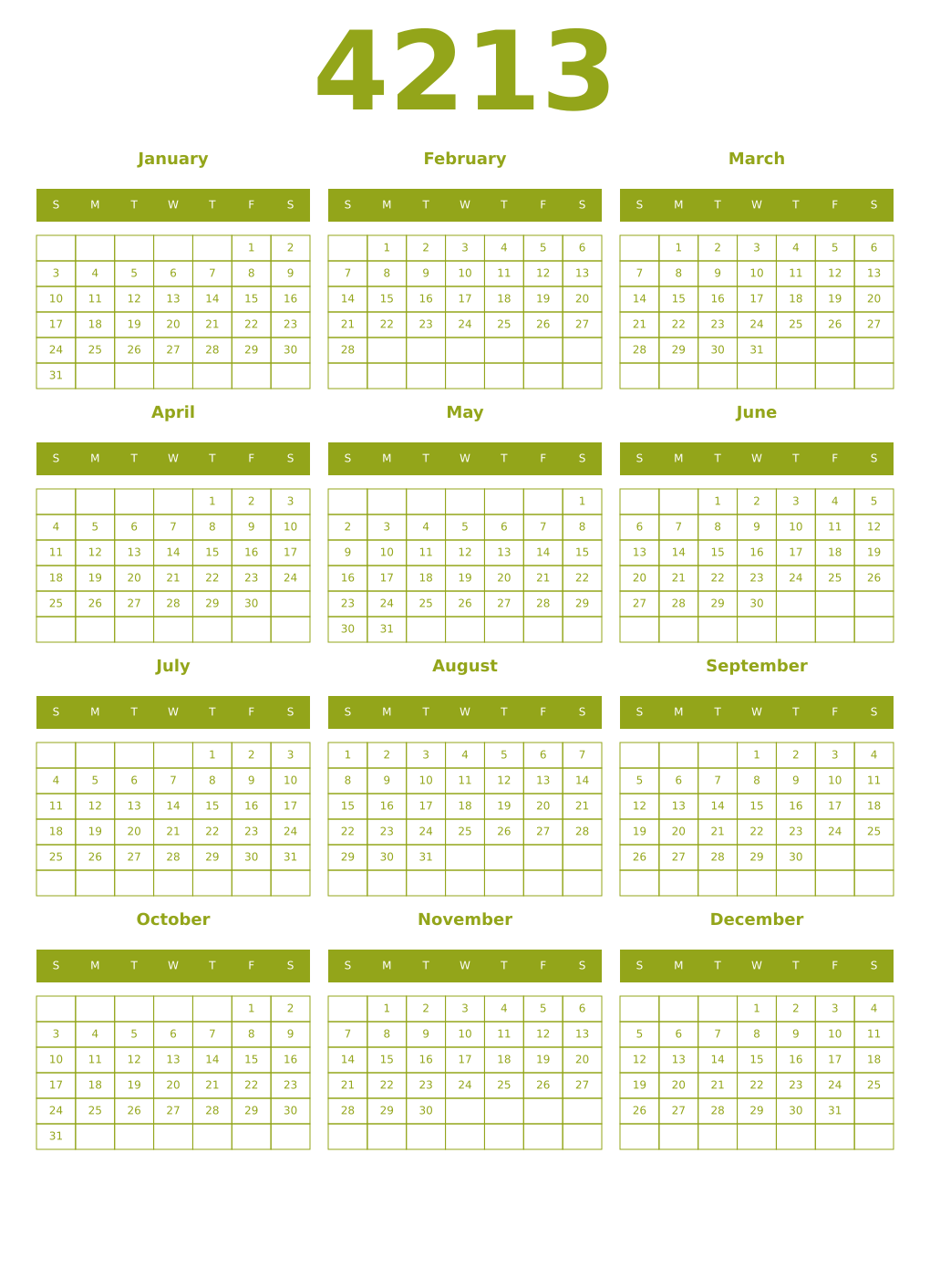 Printable 4213 Year Calendars chartreuse