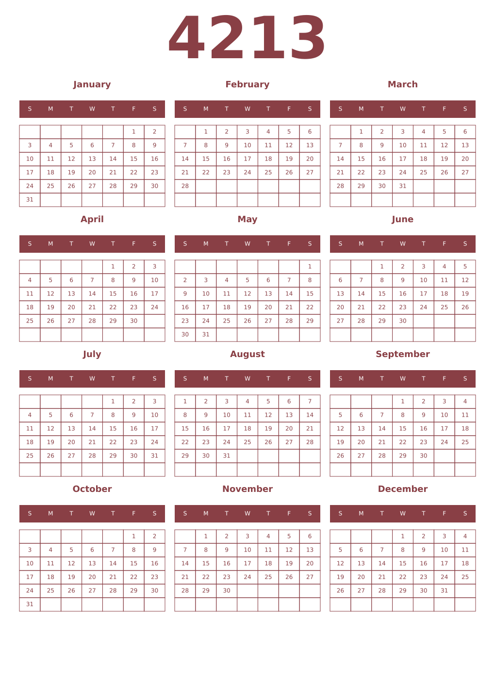 Printable 4213 Year Calendars cordovan