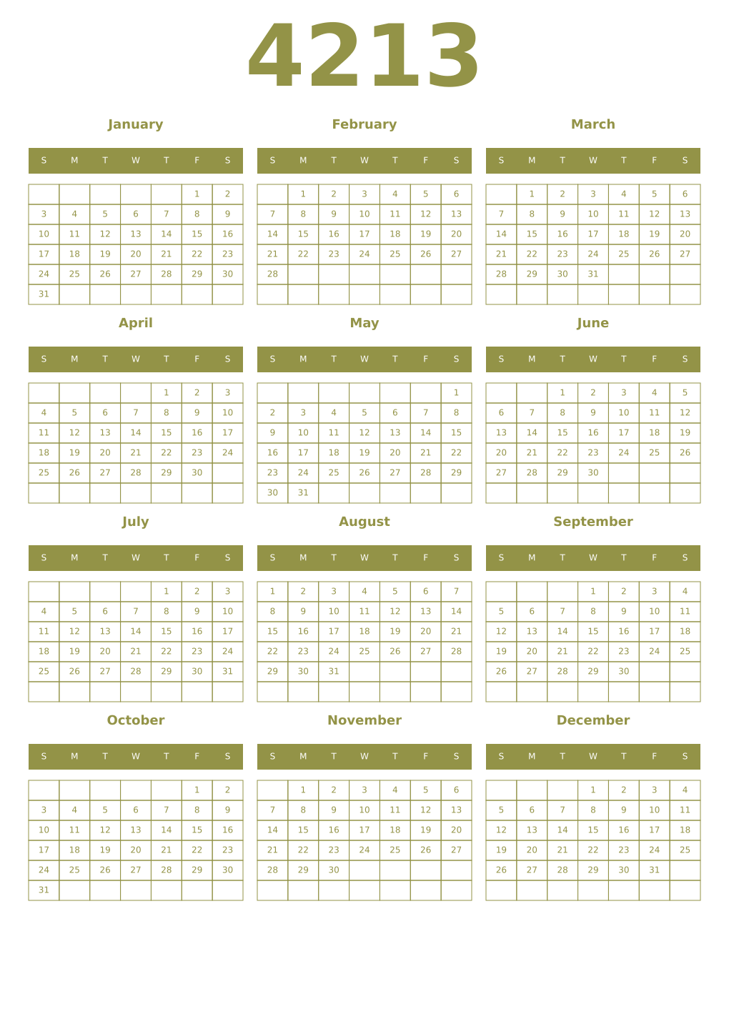 Printable 4213 Year Calendars eburnean