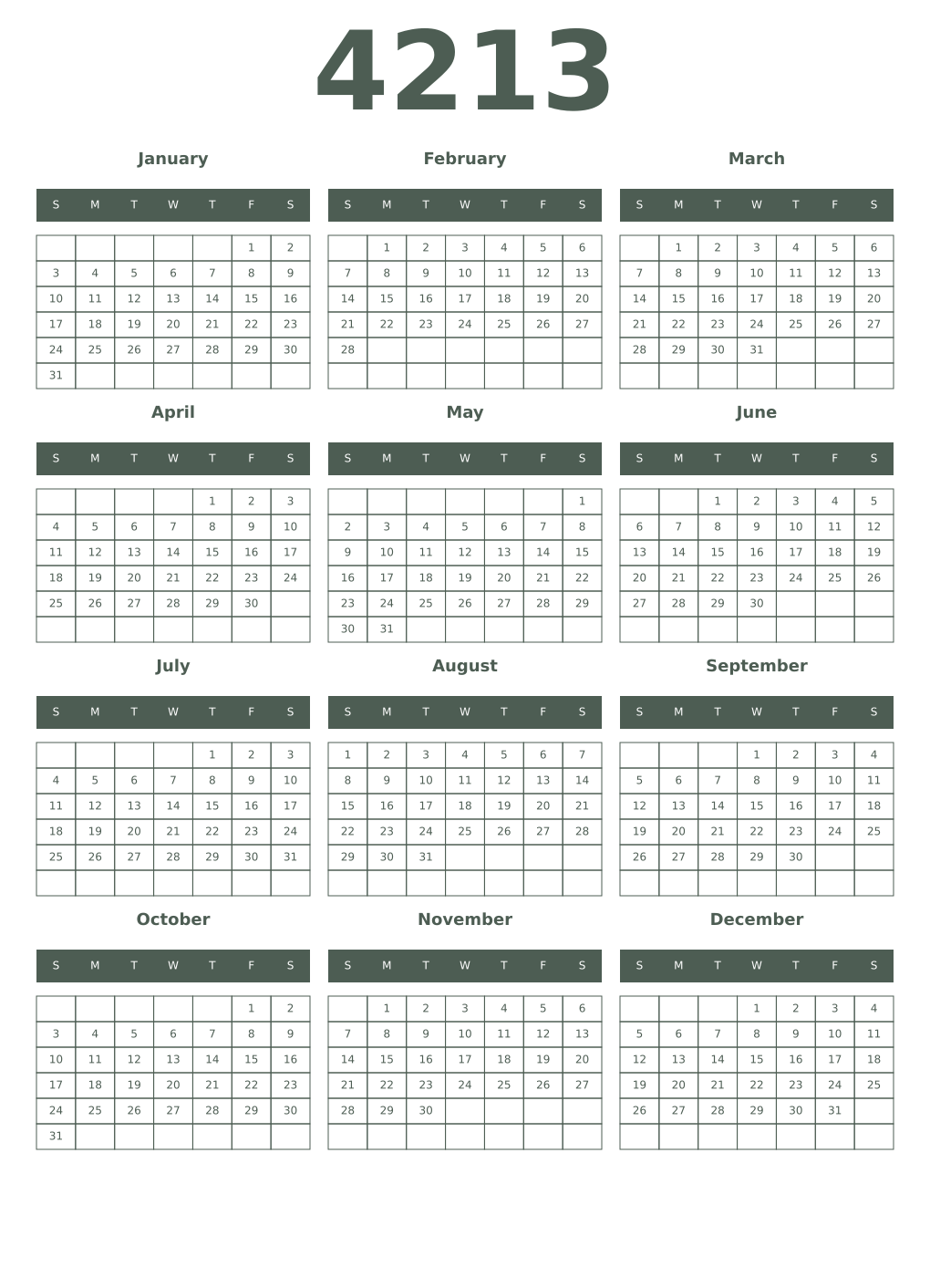 Printable 4213 Year Calendars feldgrau