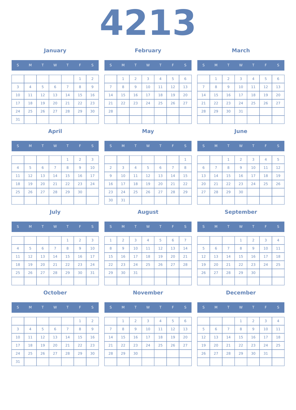 Printable 4213 Year Calendars glaucous