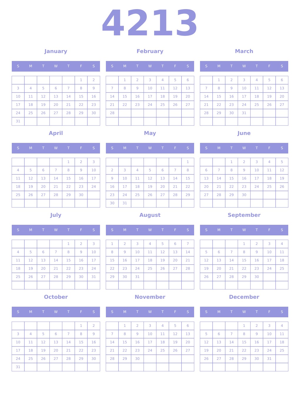 Printable 4213 Year Calendars periwinkle