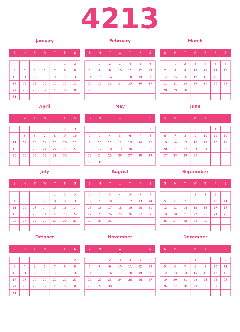 Printable 4213 Year Calendars pink