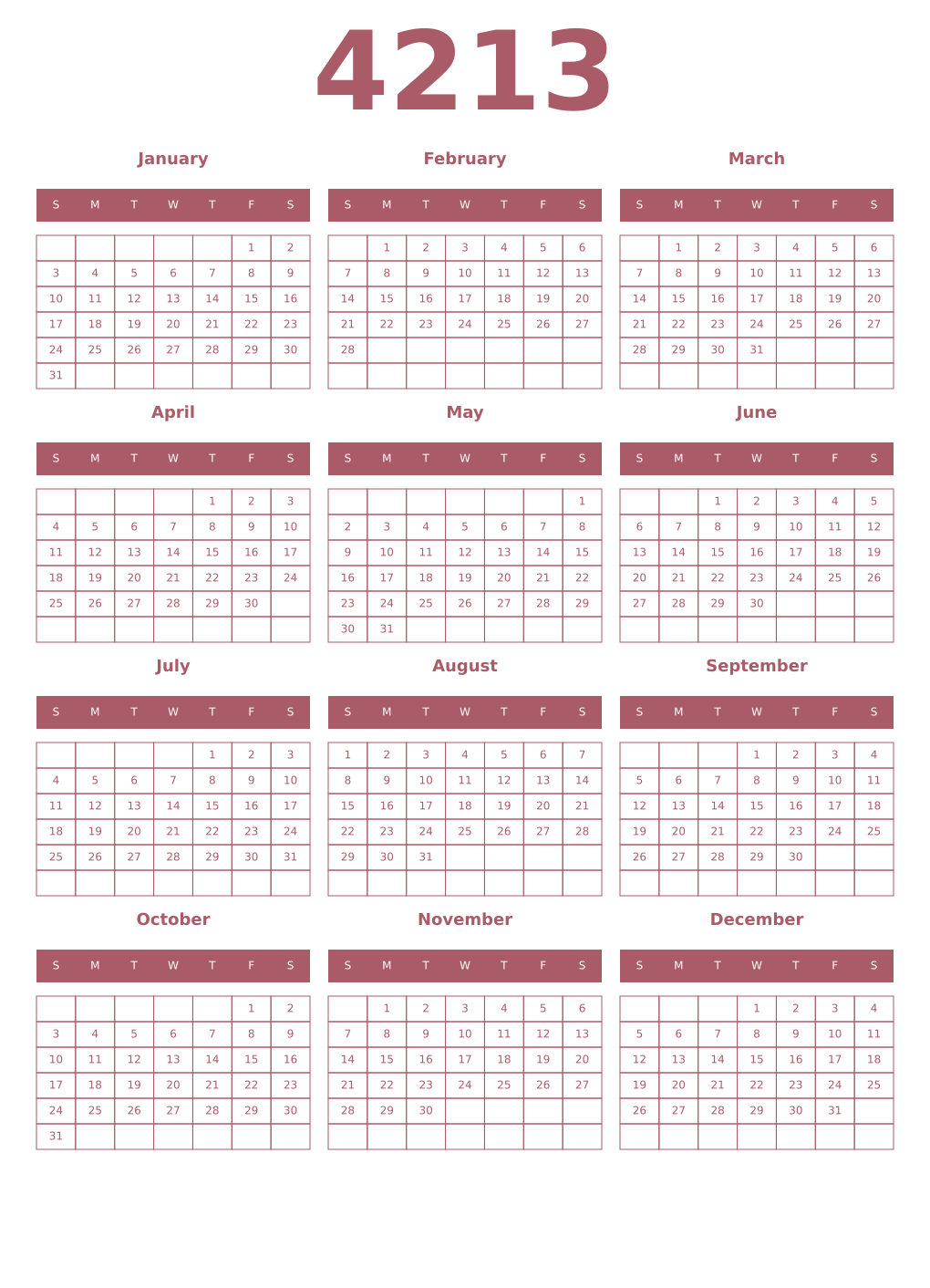 Printable 4213 Year Calendars puce