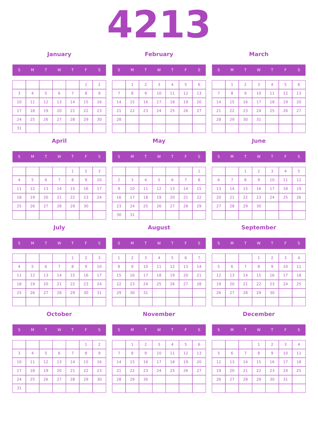 Printable 4213 Year Calendars purple