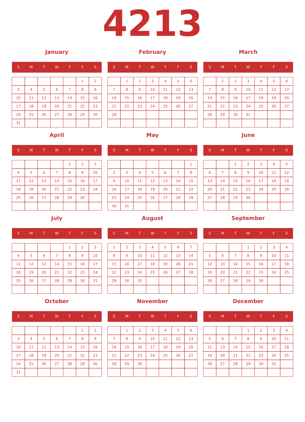 Printable 4213 Year Calendars red