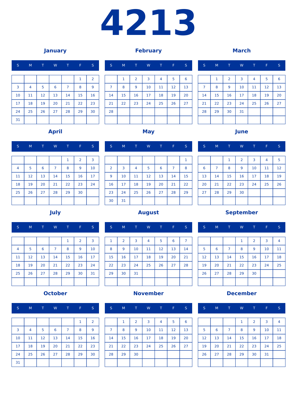 Printable 4213 Year Calendars smalt