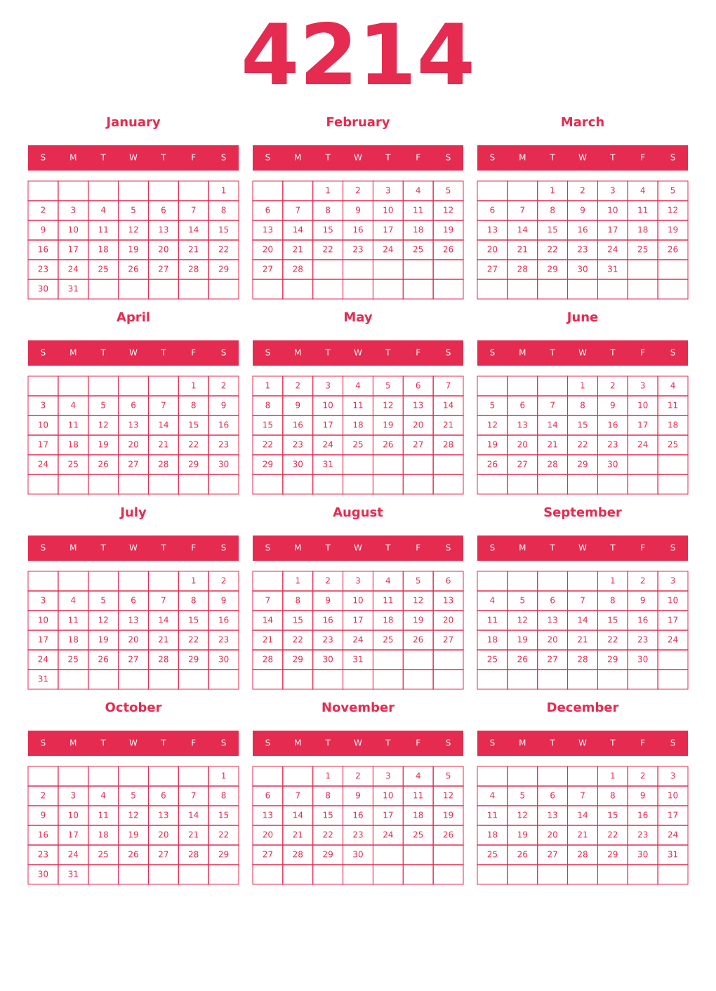 Printable 4214 Year Calendars amaranth