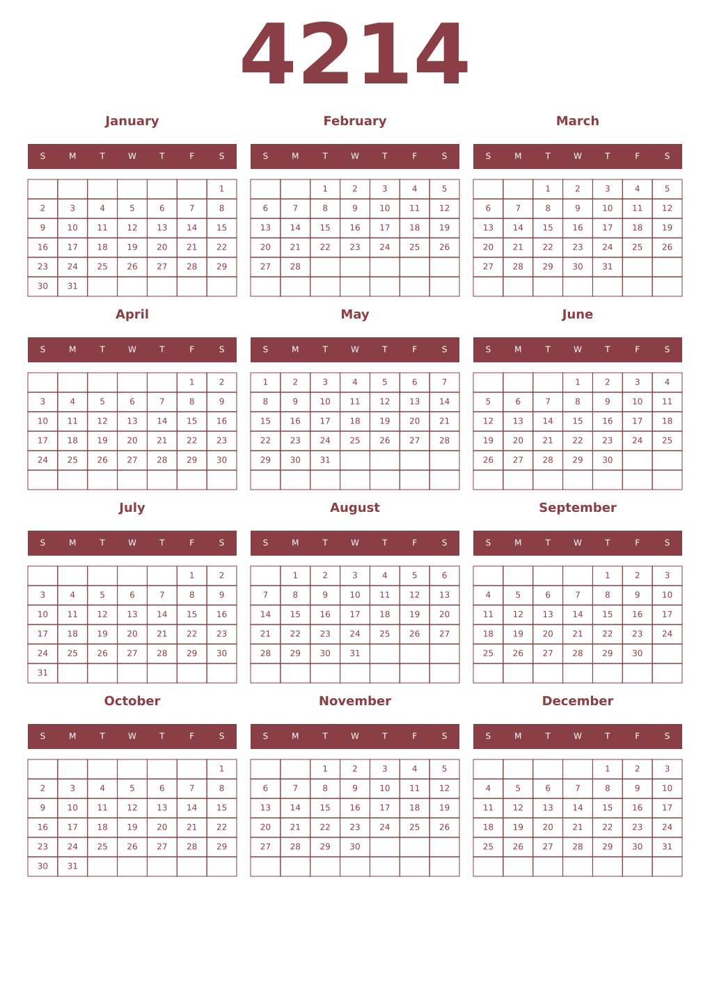 Printable 4214 Year Calendars cordovan