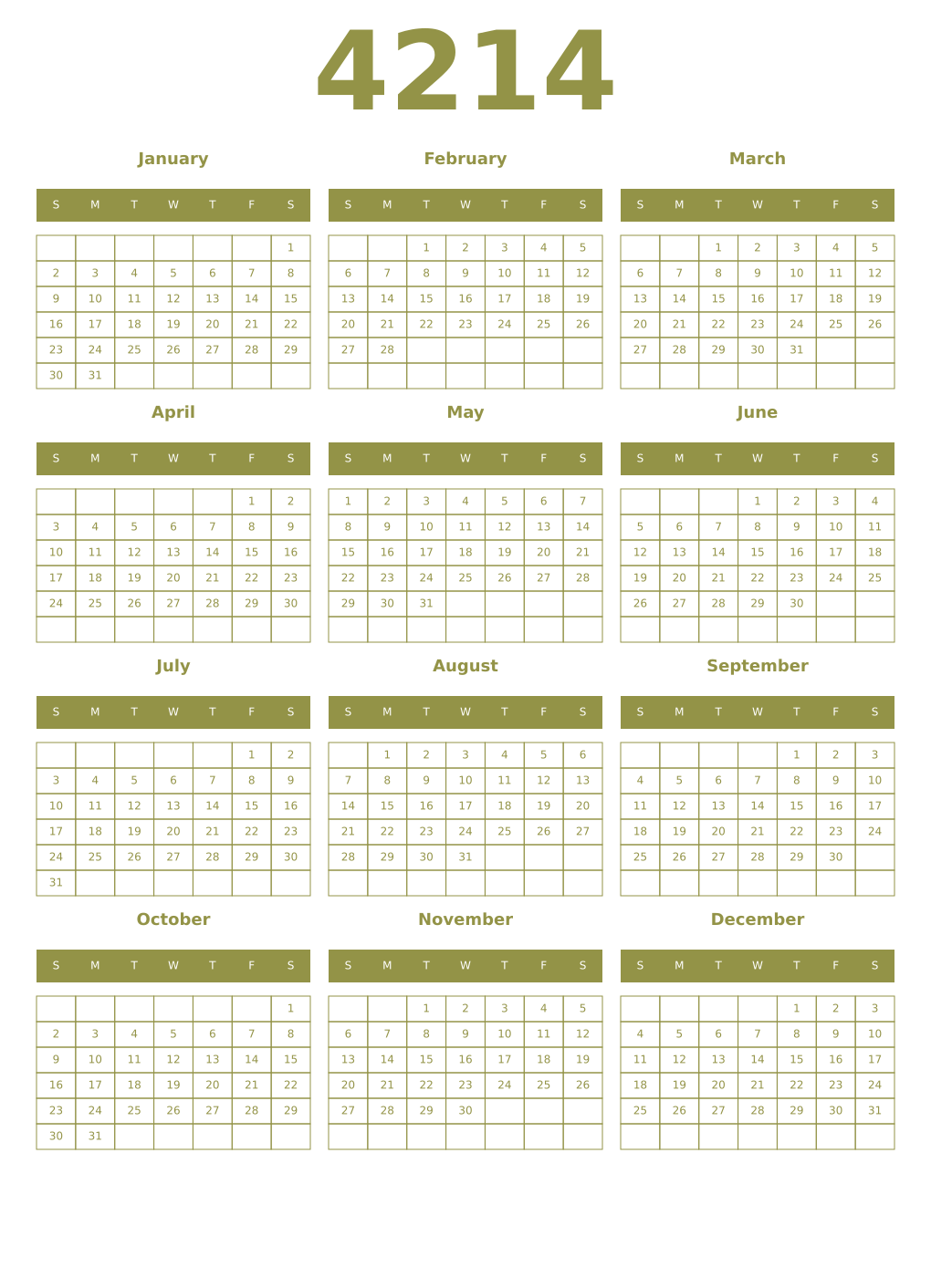 Printable 4214 Year Calendars eburnean