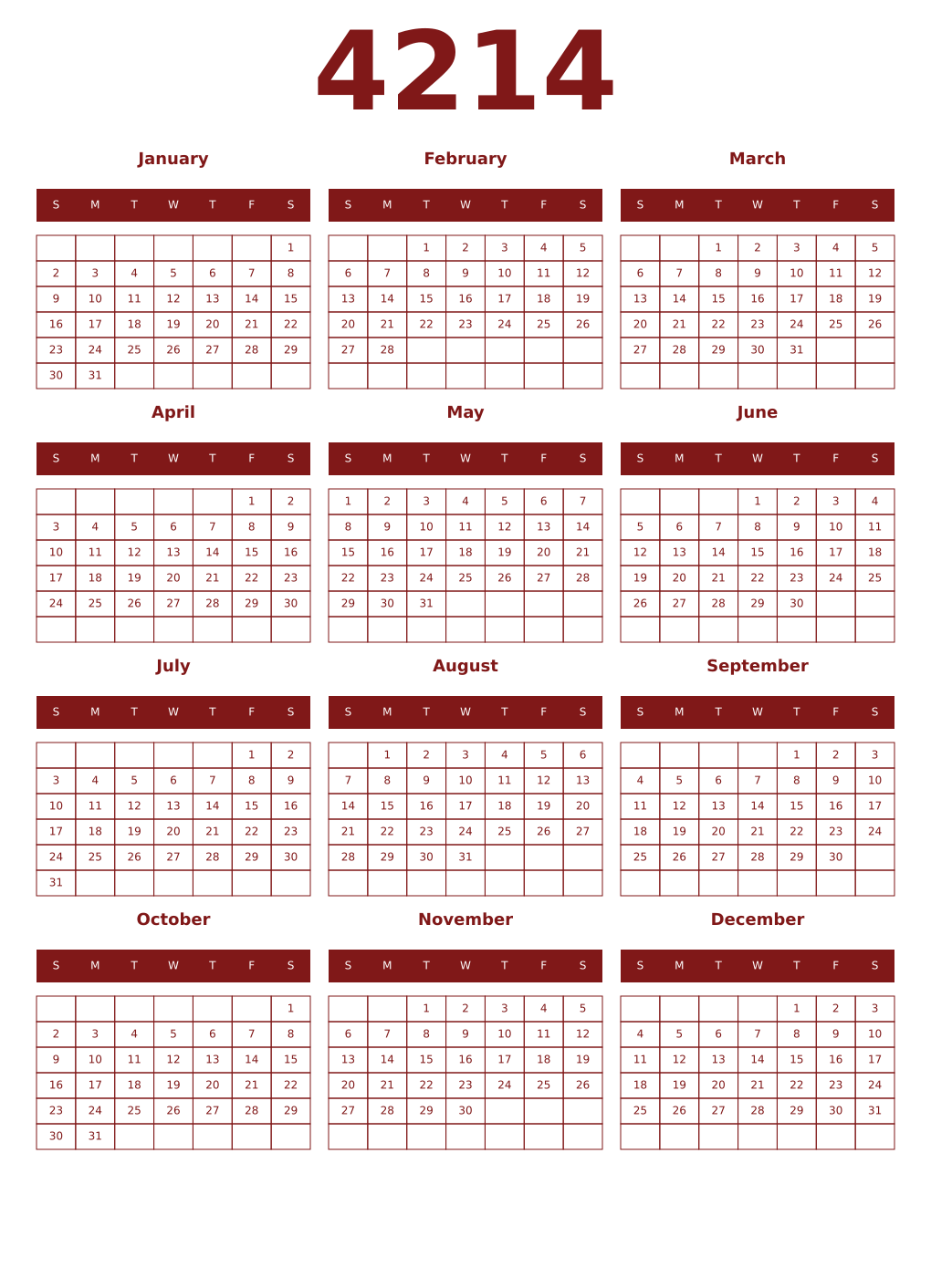 Printable 4214 Year Calendars falu