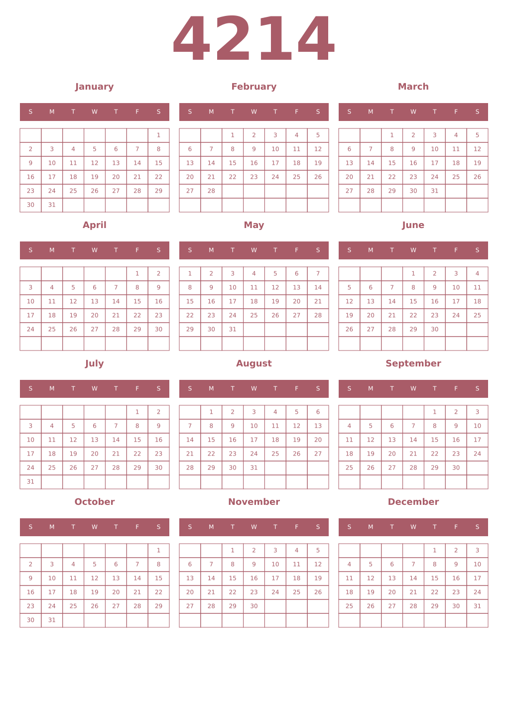 Printable 4214 Year Calendars puce