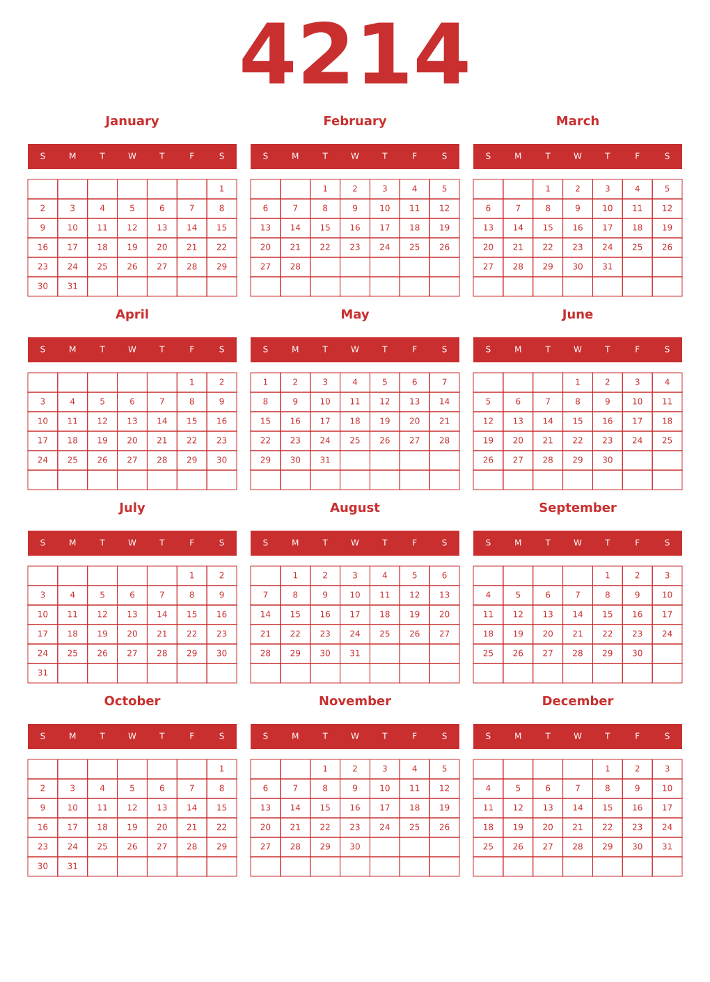 Printable 4214 Year Calendars red