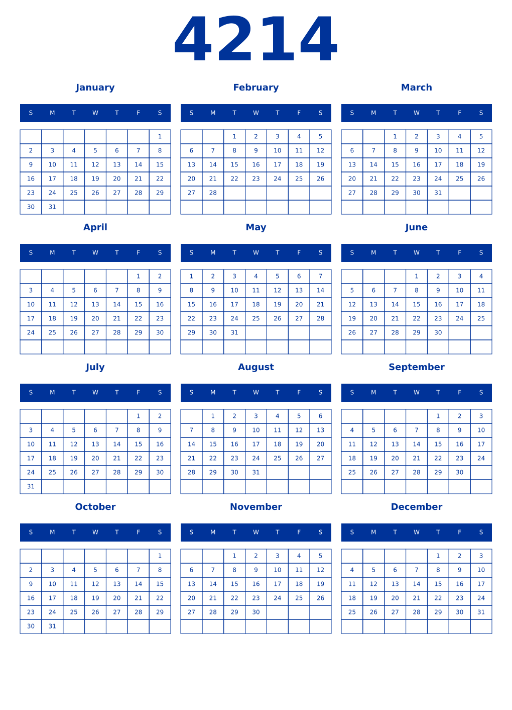 Printable 4214 Year Calendars smalt