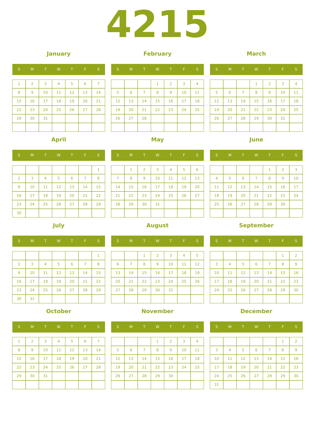 Printable 4215 Year Calendars chartreuse
