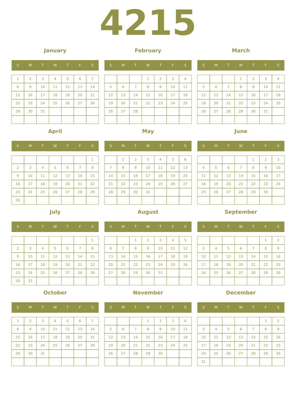 Printable 4215 Year Calendars eburnean