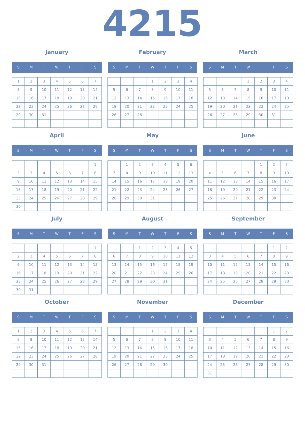 Printable 4215 Year Calendars glaucous