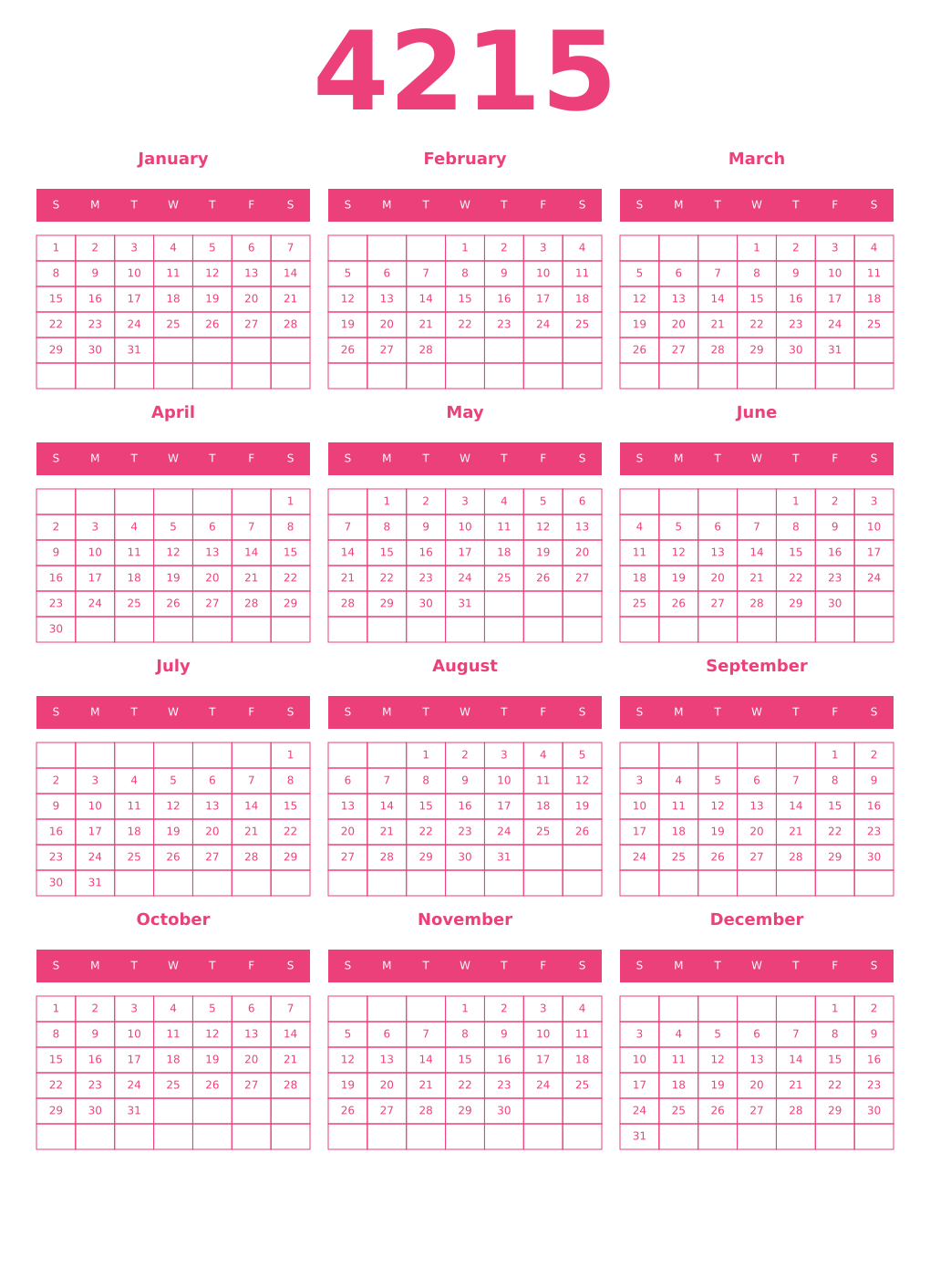 Printable 4215 Year Calendars pink