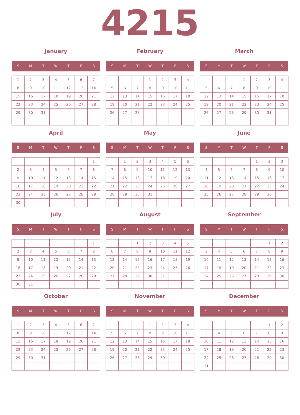 Printable 4215 Year Calendars puce