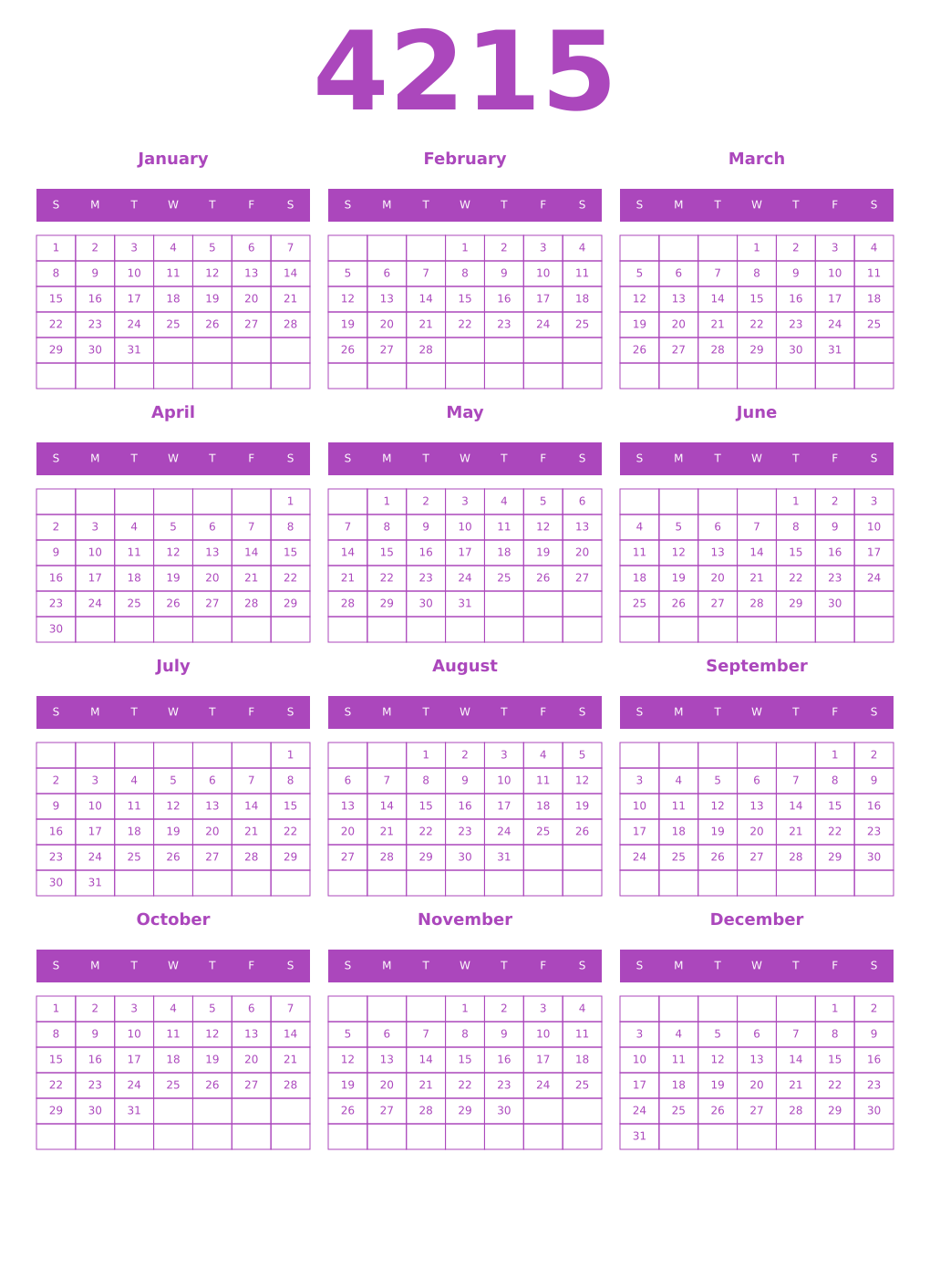 Printable 4215 Year Calendars purple