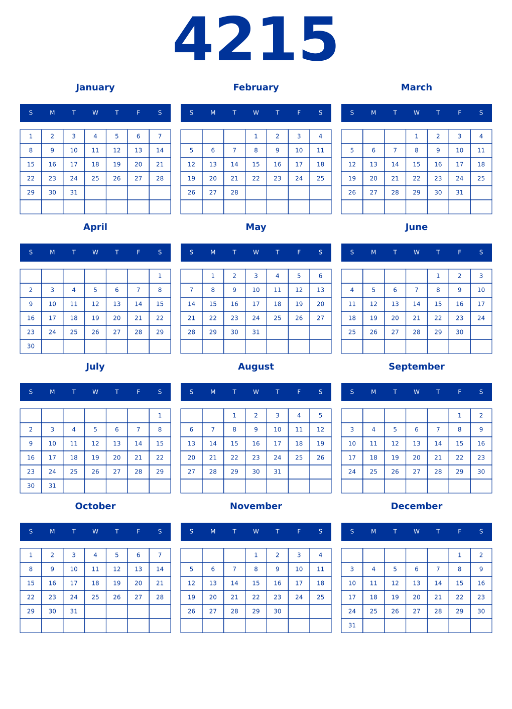 Printable 4215 Year Calendars smalt