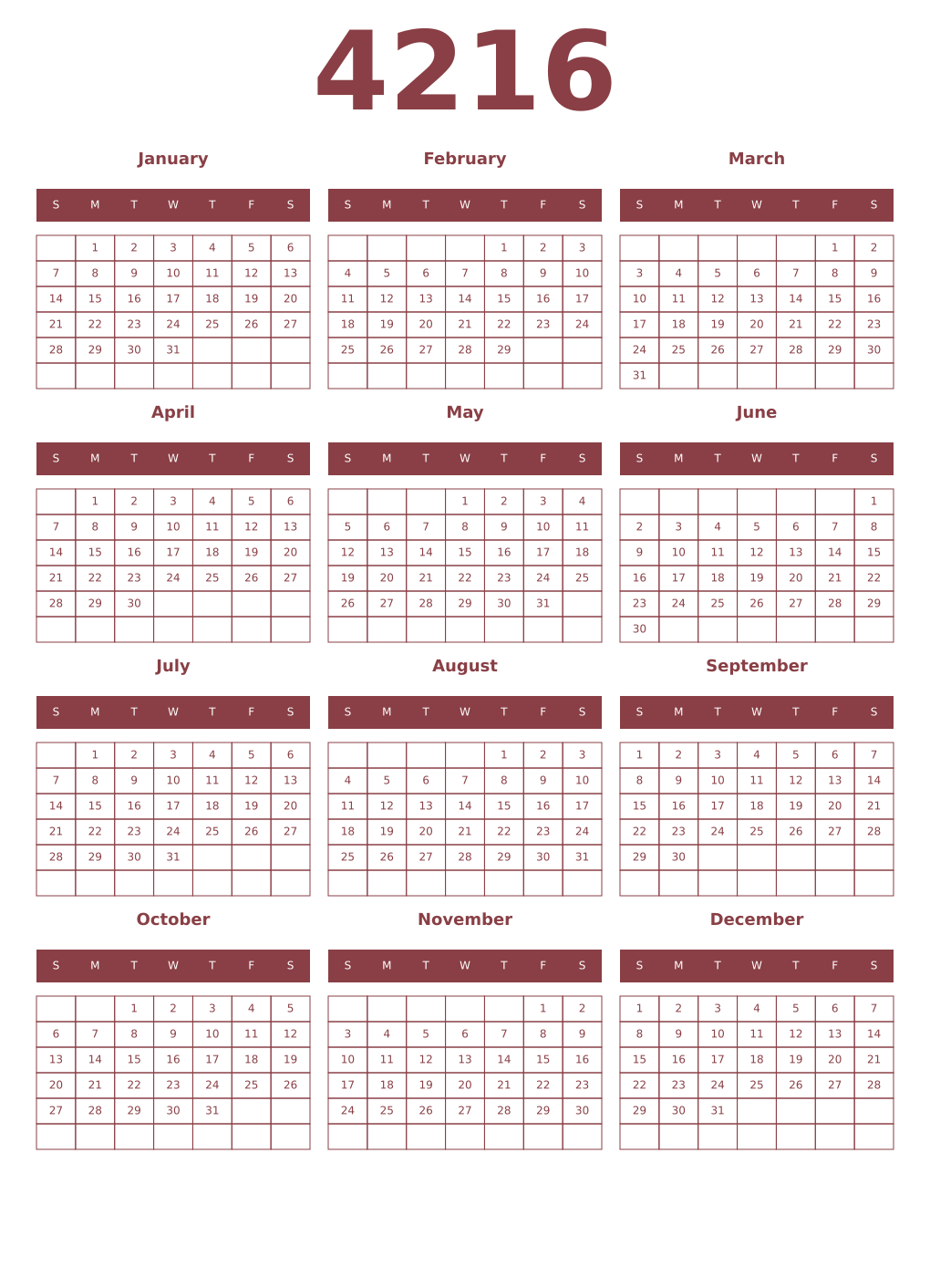 Printable 4216 Year Calendars cordovan