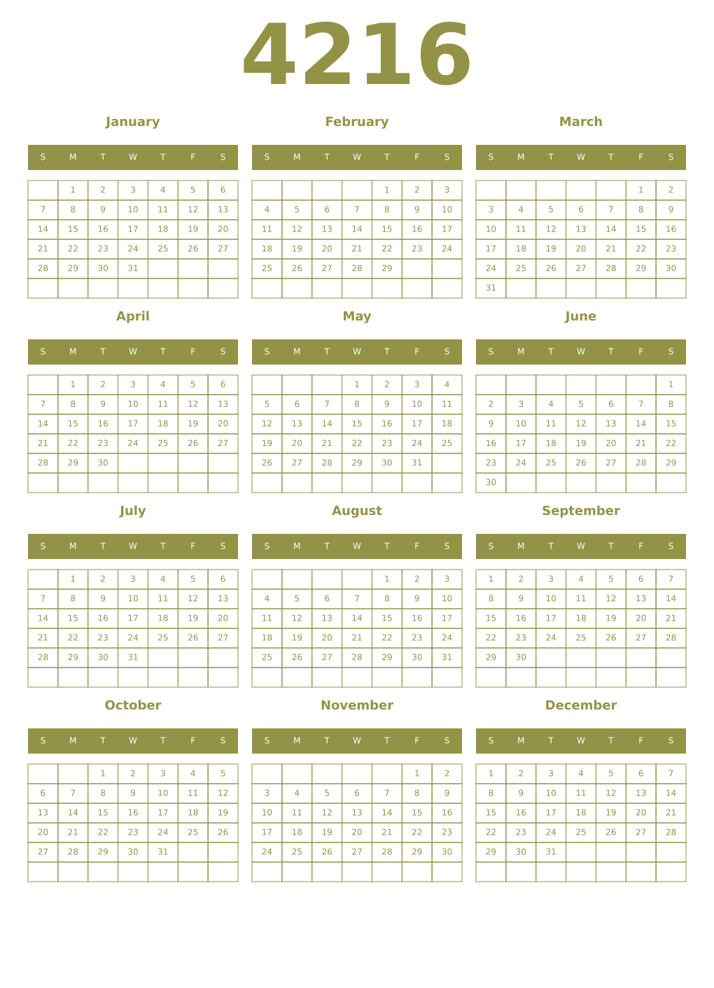 Printable 4216 Year Calendars eburnean