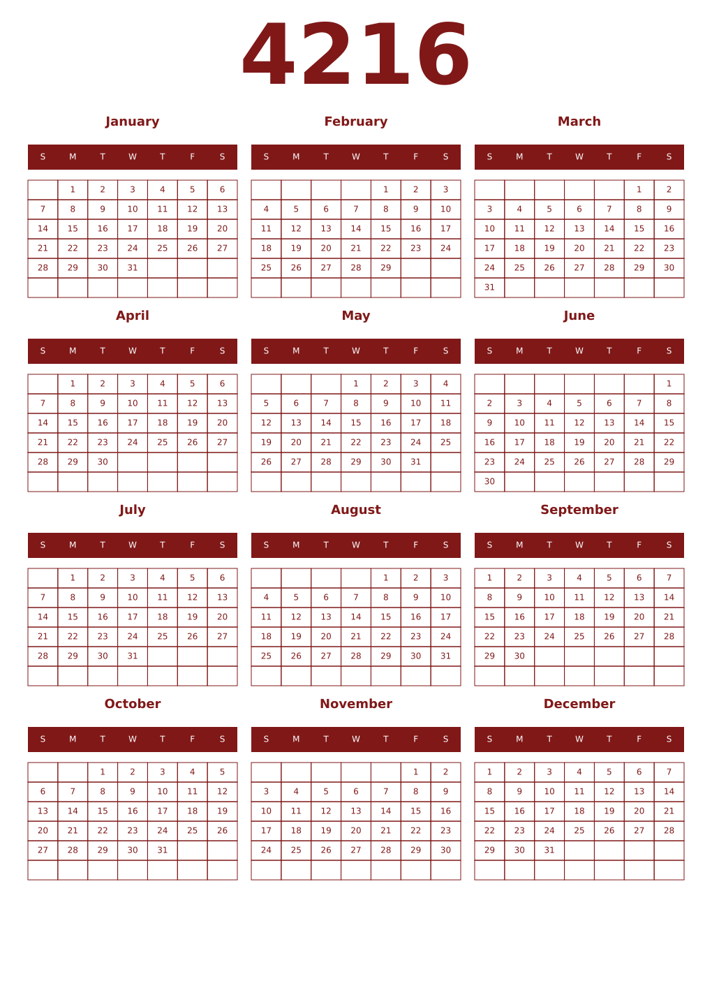 Printable 4216 Year Calendars falu