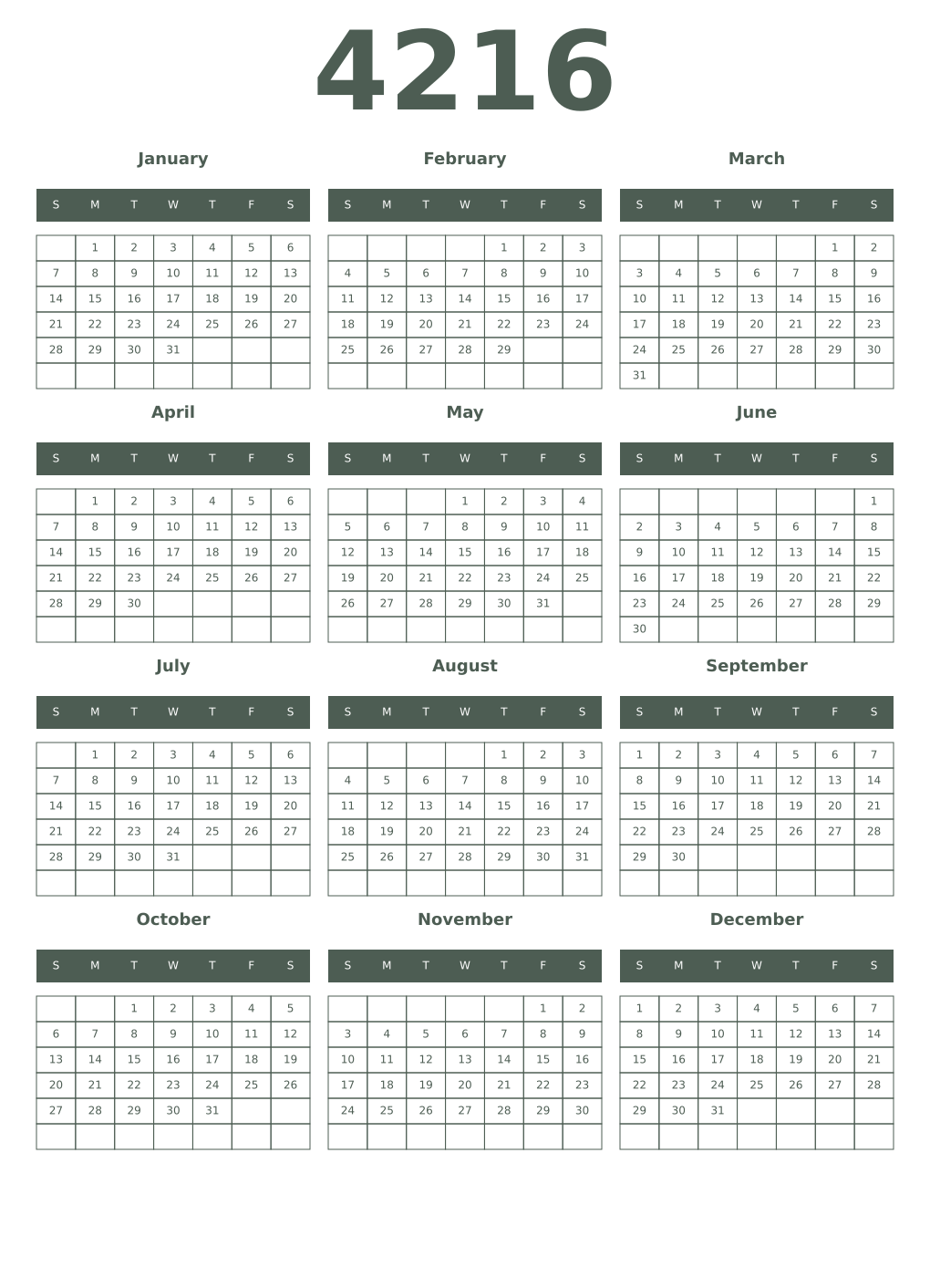 Printable 4216 Year Calendars feldgrau