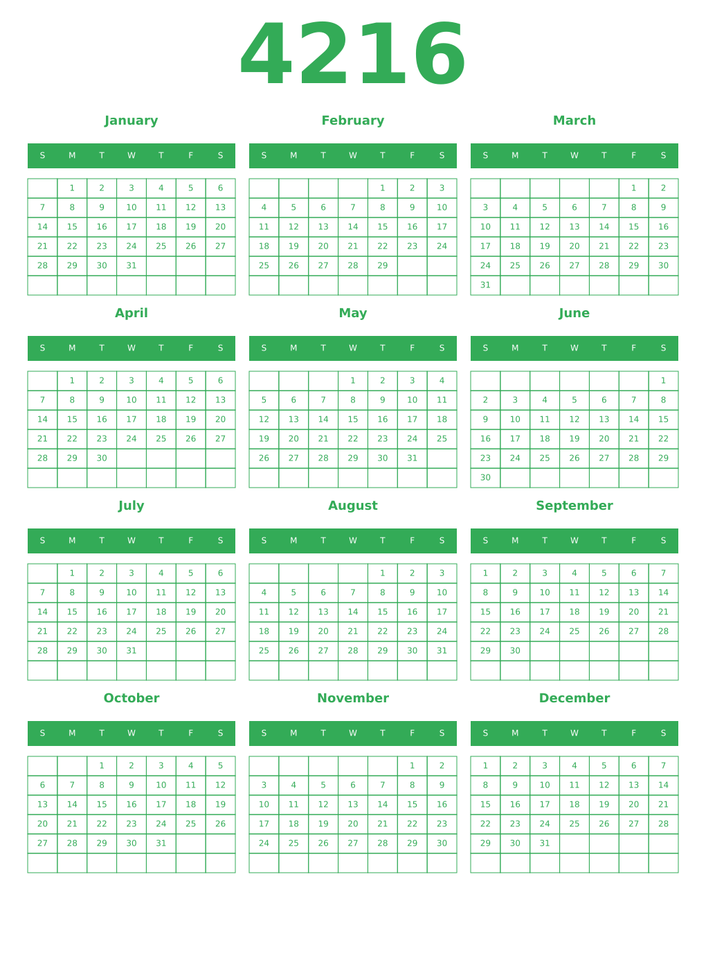 Printable 4216 Year Calendars green